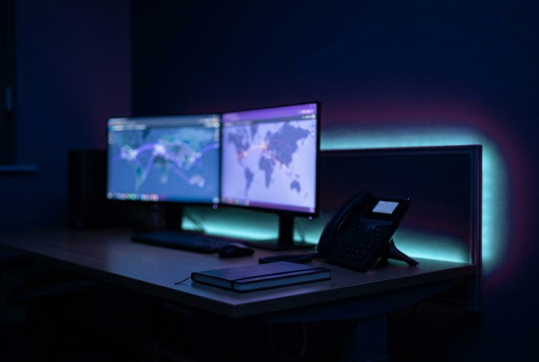 Biurko spedytora z monitorami i telefonem